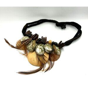 Statement Necklace With Shells Feathers Wood Beads and Adjustable Black Cord see